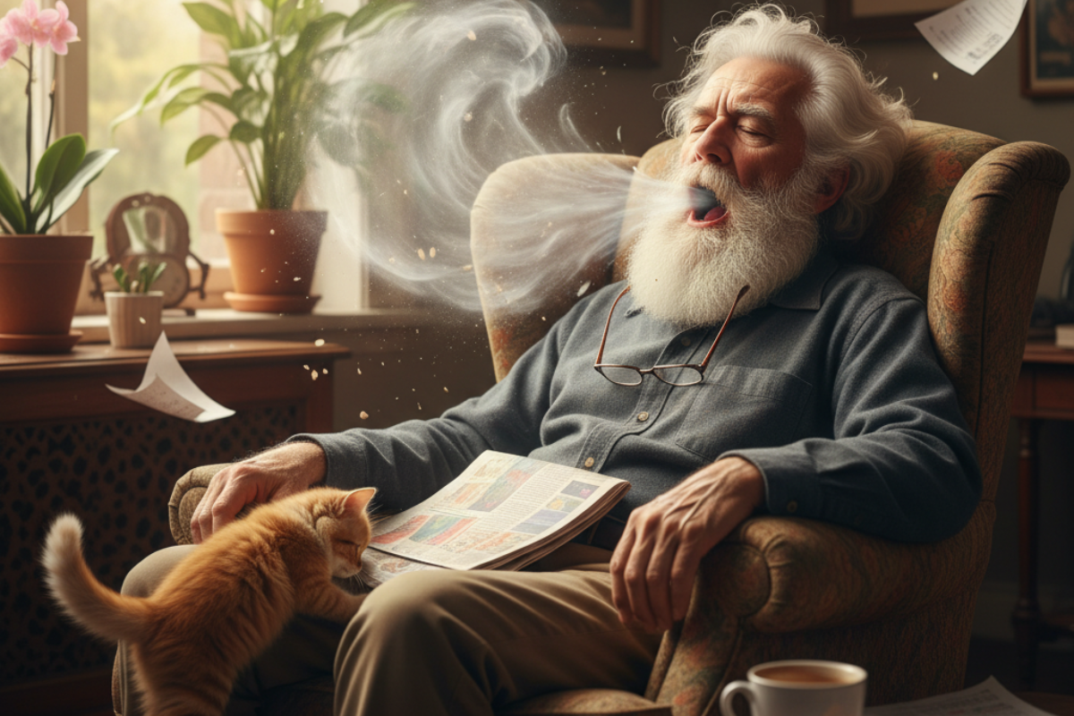 Elderly man with a long white beard snoring loudly while asleep in an armchair, with a newspaper on his lap and an orange cat jumping off him.