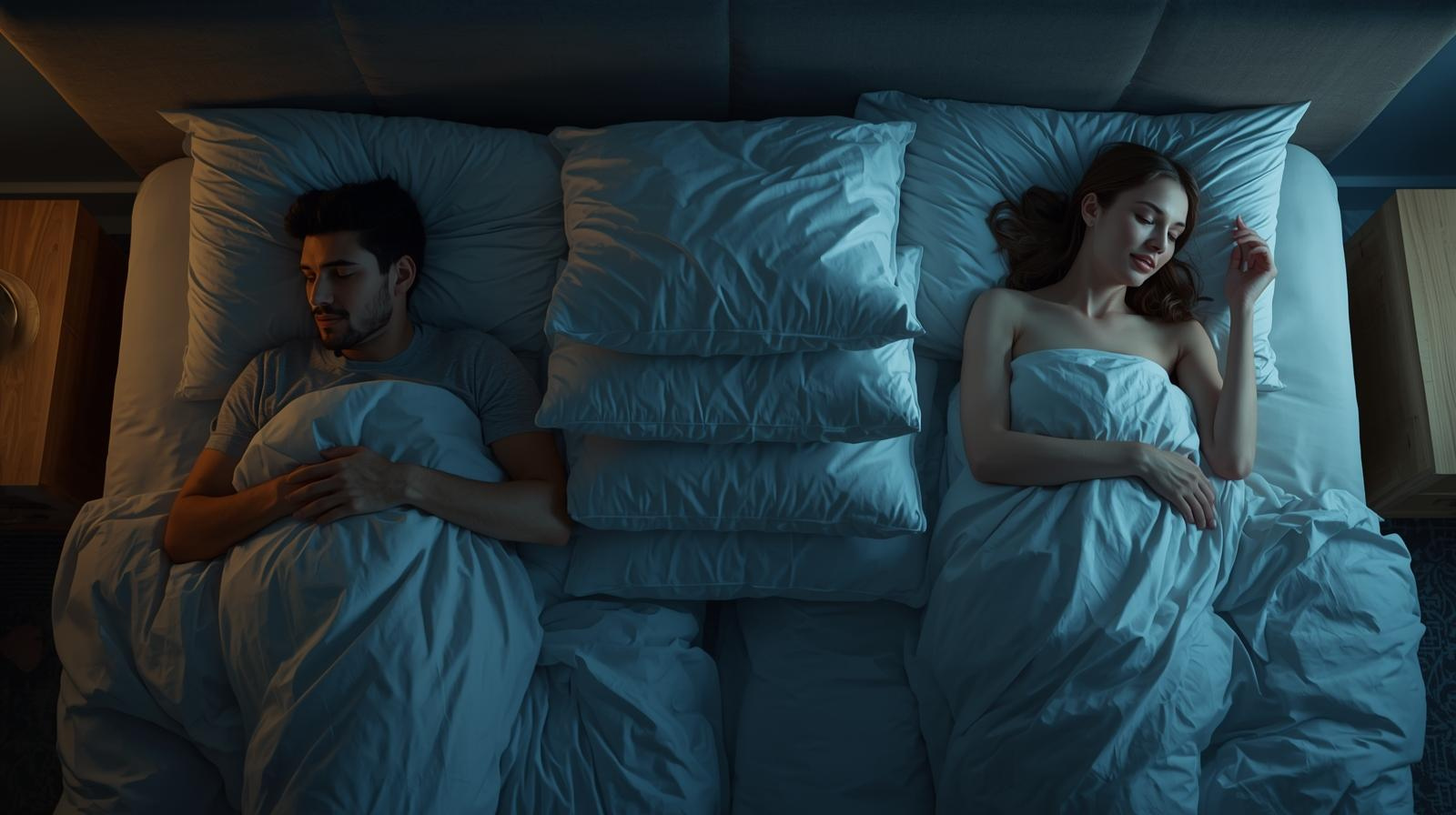 A couple in bed with a wall of pillows between them to block out loud snoring
