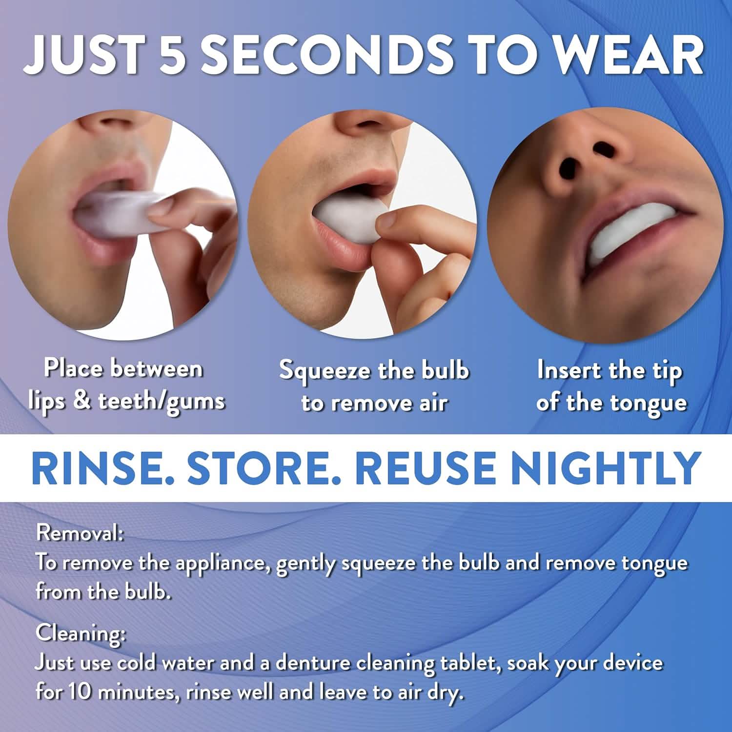A tongue retention mouthpiece and its instructions for use are shown. It's a quick snoring solution.