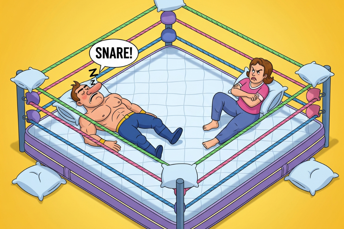 Funny illustration of an annoyed woman sitting in a boxing ring-themed bed, staring at her husband who is snoring loudly, capturing the common struggle of couples dealing with a snoring partner