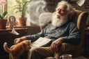 Elderly man with a long white beard snoring loudly while asleep in an armchair, with a newspaper on his lap and an orange cat jumping off him.