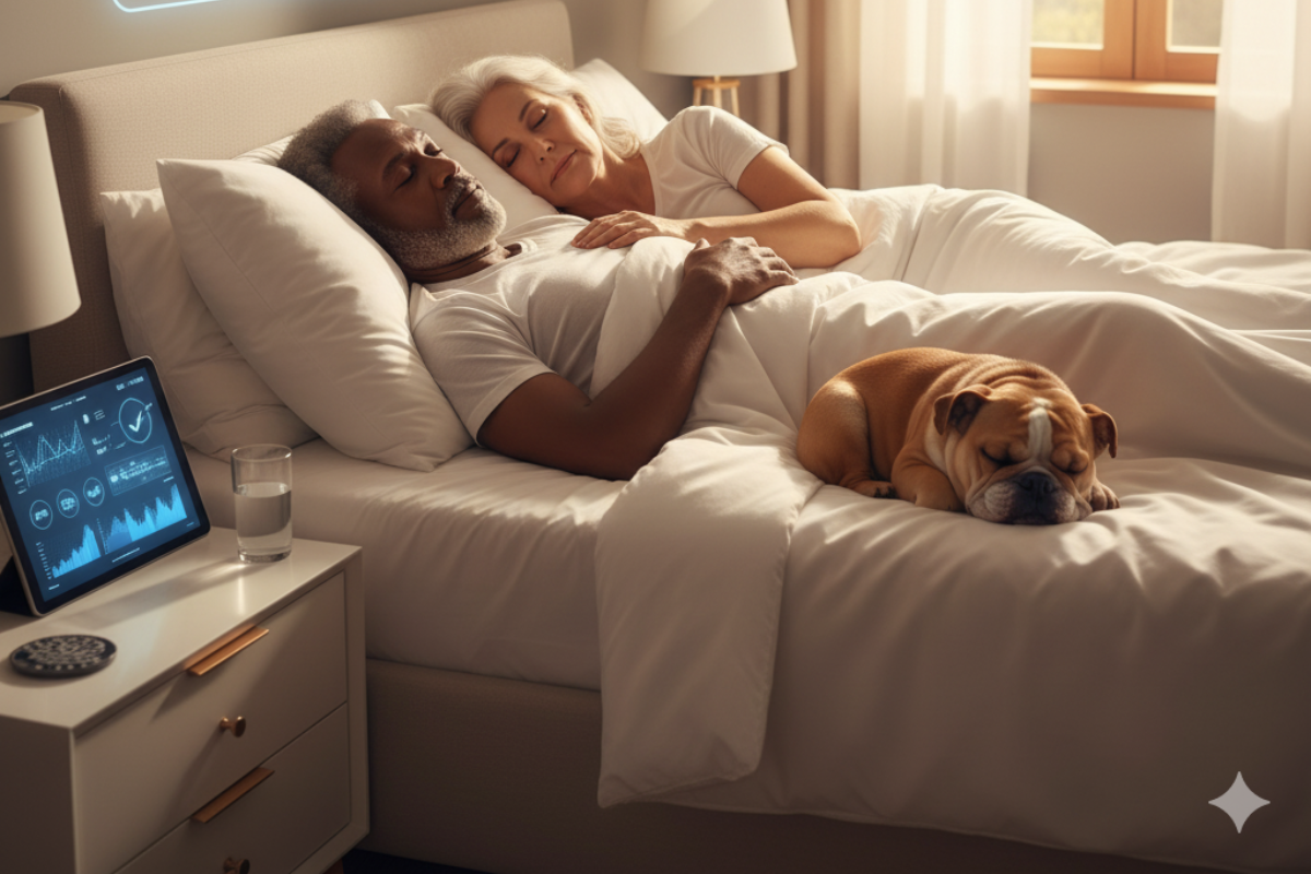 older African American man and a Caucasian woman with gray hair sleeping peacefully in a sunny bed, with their small bulldog resting at the foot of the bed. A medical device and sleep chart are visible on the bedside table.