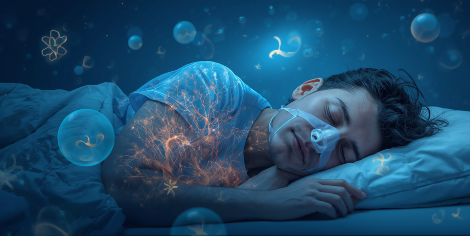 A man sleeping peacefully on his side in a dimly lit blue room, wearing a small nasal mask device. A glowing, orange, branch-like overlay on his chest and neck illustrates open airways and lungs, surrounded by floating blue abstract bubbles.