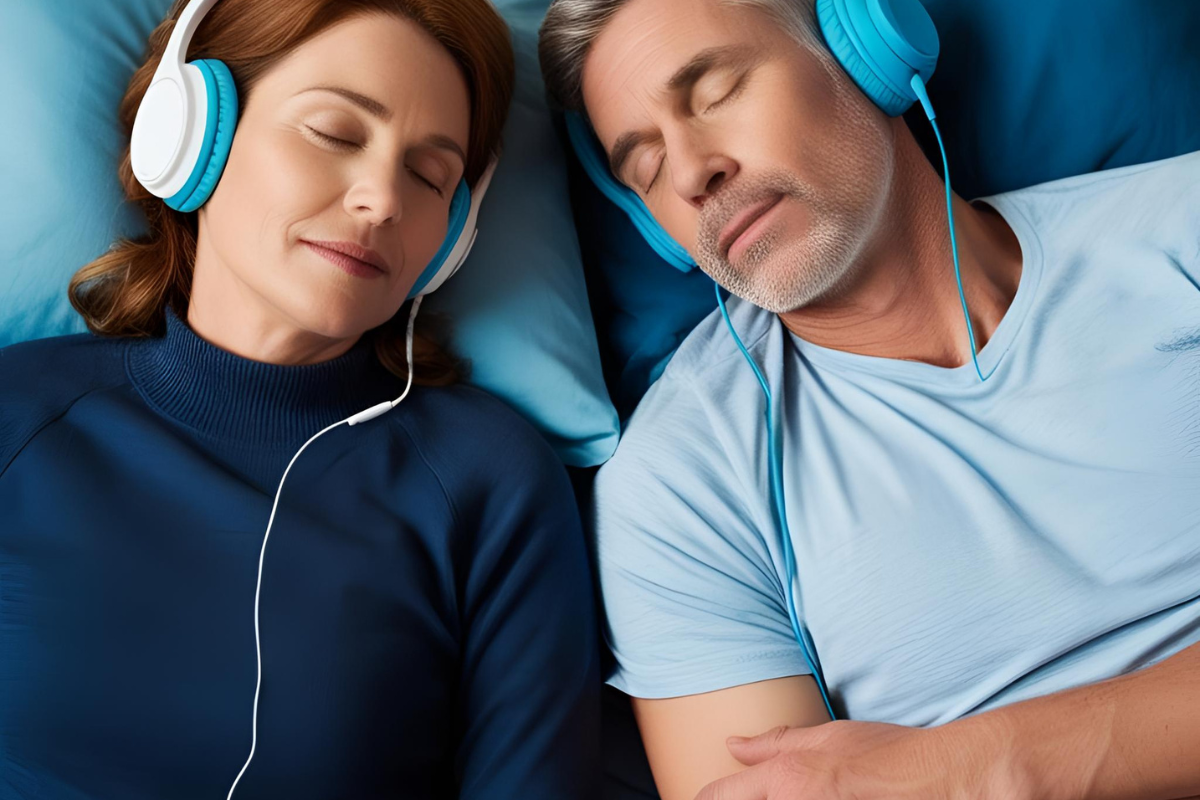 couple resting while listing to music in bed