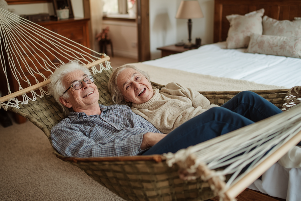 Older man and woman twists in a colorful indoor hammock, trying to get comfortable in a cozy bedroom setting