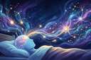 A digital illustration of a person sleeping in bed, with vibrant, glowing neural pathways and constellations emanating from their head into a dark, cosmic night sky.