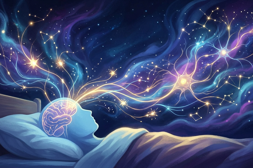 A digital illustration of a person sleeping in bed, with vibrant, glowing neural pathways and constellations emanating from their head into a dark, cosmic night sky.