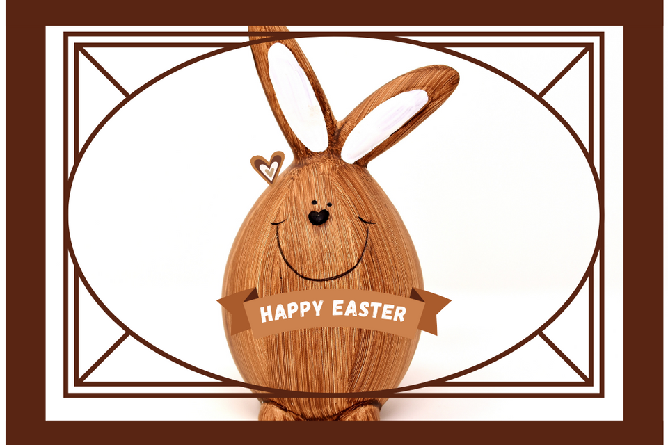 Easter bunny image, smiling with HAPPY EASTER written on chest
