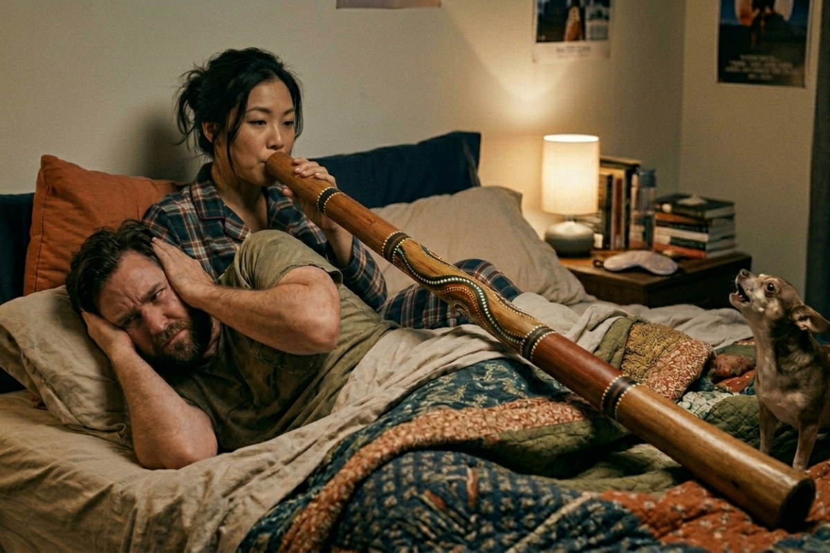 A woman practices the didgeridoo in bed to stop snoring while her husband covers his ears and a Chihuahua howls along.