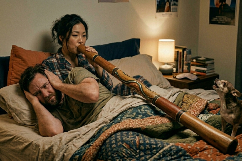 A woman practices the didgeridoo in bed to stop snoring while her husband covers his ears and a Chihuahua howls along.