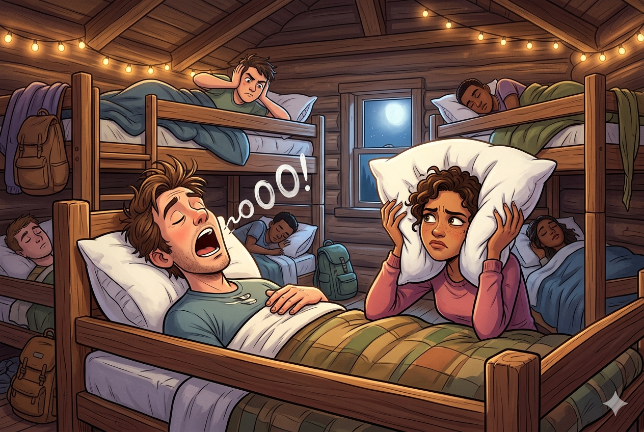 A humorous illustration of a group sleeping in a cabin. A man in the foreground is snoring loudly, while a woman covering her ears with a pillow looks frustrated. Others react annoyedly in nearby bunk beds.