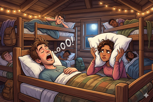 A humorous illustration of a group sleeping in a cabin. A man in the foreground is snoring loudly, while a woman covering her ears with a pillow looks frustrated. Others react annoyedly in nearby bunk beds.