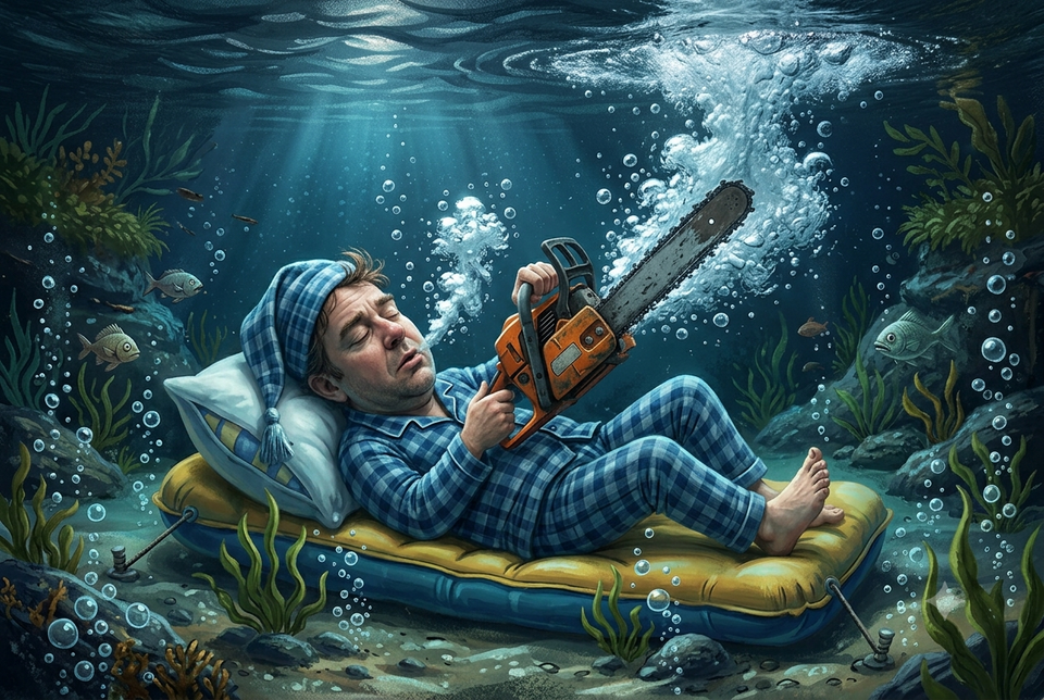 A man underwater with a chainsaw simulating a loud snoring sound. 