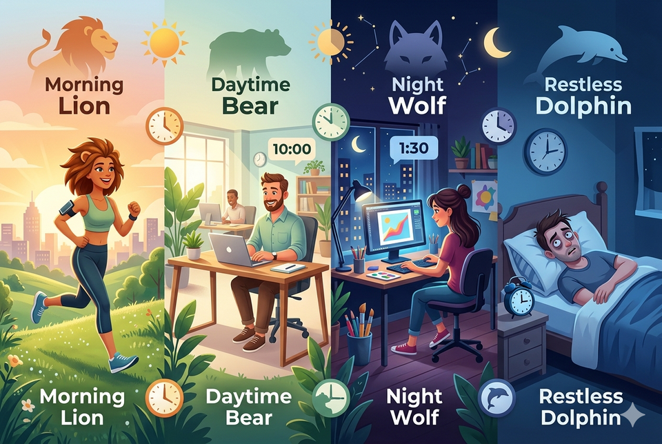 A fun, four-panel illustration showing different sleep chronotypes throughout the day and night, featuring an energetic morning jogger, a productive daytime office worker, a late-night creative at a computer, and a wide-awake insomniac in bed.