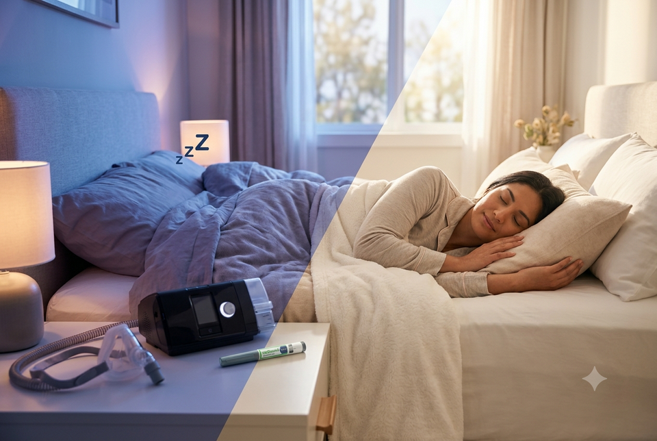 A split image contrasts a nighttime scene of a messy bed with a CPAP machine and snoring sounds against a daytime scene of a woman sleeping peacefully with a medical pen visible on the nightstand.