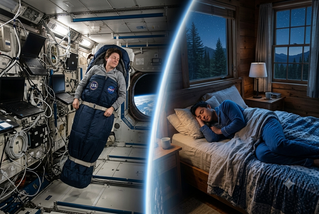 Split image comparing an astronaut sleeping in space to a person sleeping in bed on Earth.