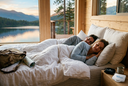 A couple sleeping peacefully in a lakeside cabin with a Good Morning Snore Solution case on the nightstand