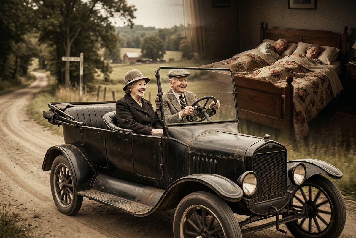 An elderly couple in 1920s attire smiles while driving a vintage convertible car on a dirt road, with a surreal dreamlike background showing them sleeping peacefully together in a wooden bed.
