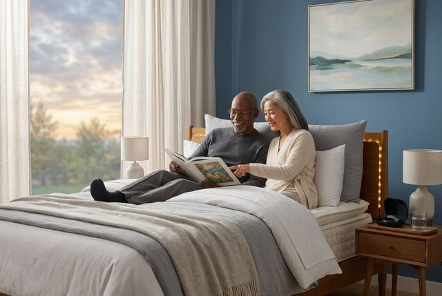 An older, elegant multiracial couple relaxes together on a modern, well-lit bed in a tranquil bedroom, sharing a book during a peaceful evening wind-down routine.