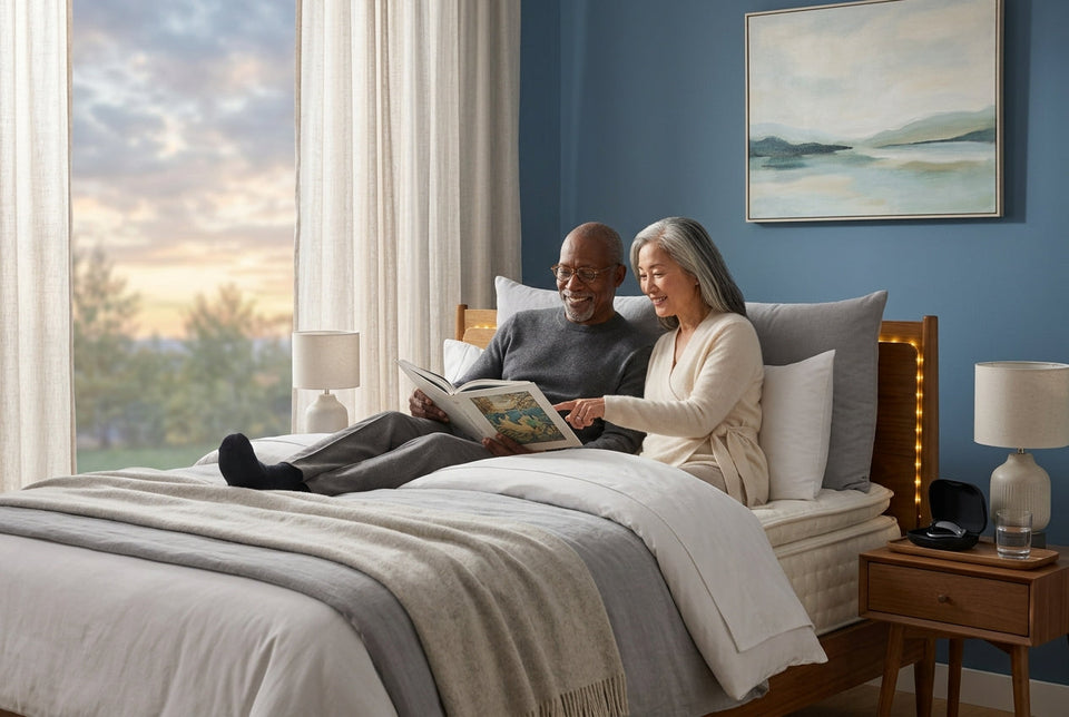 An older, elegant multiracial couple relaxes together on a modern, well-lit bed in a tranquil bedroom, sharing a book during a peaceful evening wind-down routine.