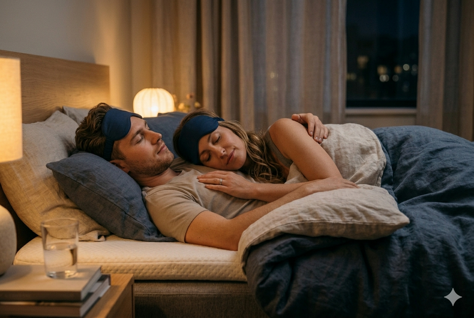 An attractive young couple sleeping peacefully in a cozy, modern bedroom. They are both wearing blue sleep masks and are tucked under soft, layered bedding in shades of blue and beige.
