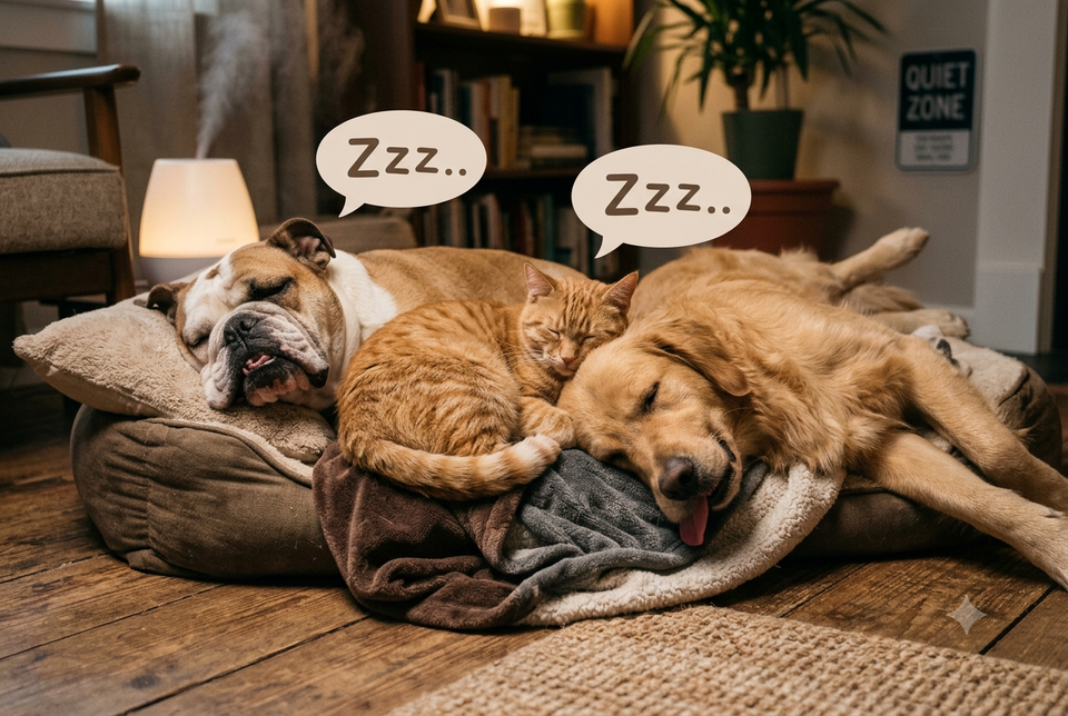 A sleeping bulldog, an orange tabby cat, and a golden retriever piled together in a dog bed with "Zzz.." speech bubbles, in a cozy living room.