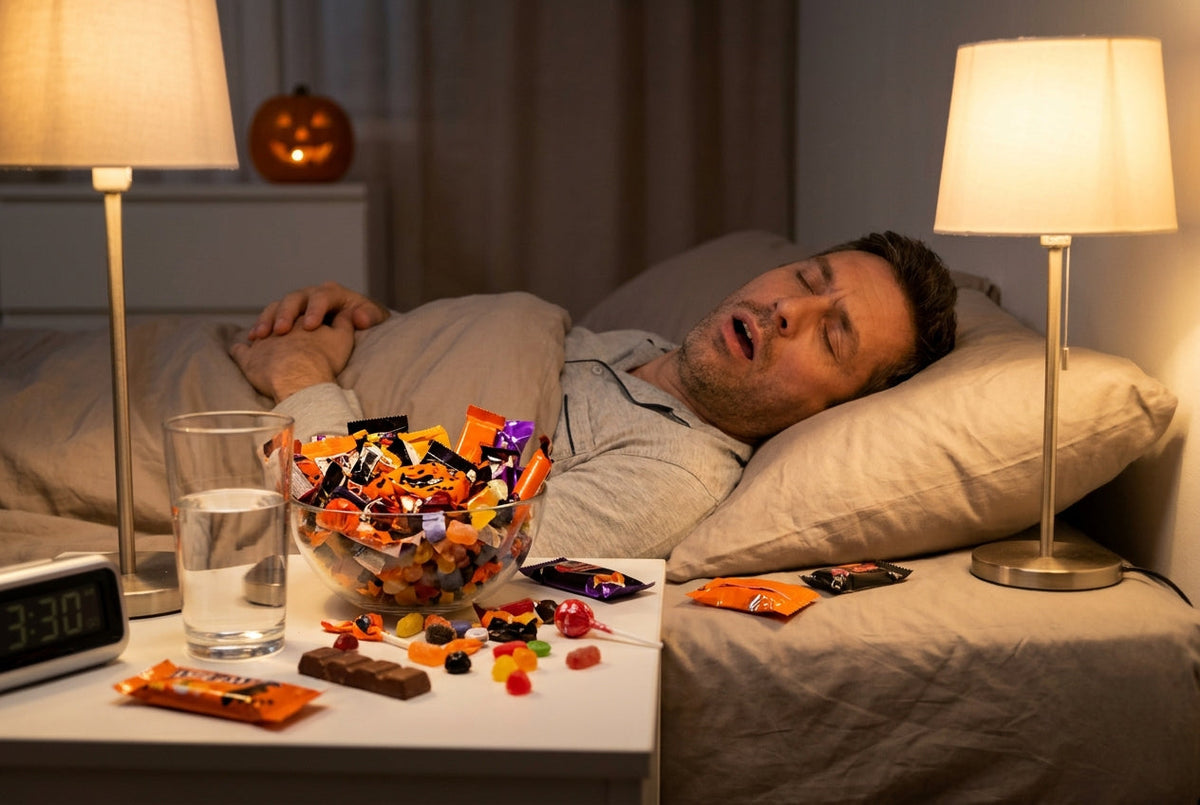A man sleeps restlessly with his mouth open next to a nightstand cluttered with Halloween candy wrappers and a digital clock reading 3:30 AM, with a glowing jack-o'-lantern in the background.