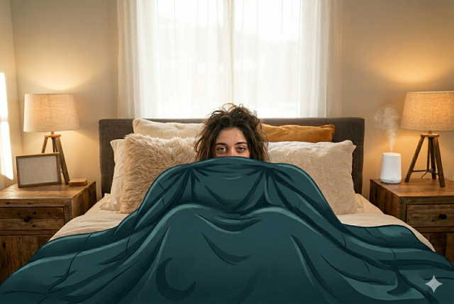 A woman with messy morning hair peeking over the top of a heavy, dark teal weighted blanket in a cozy bedroom.