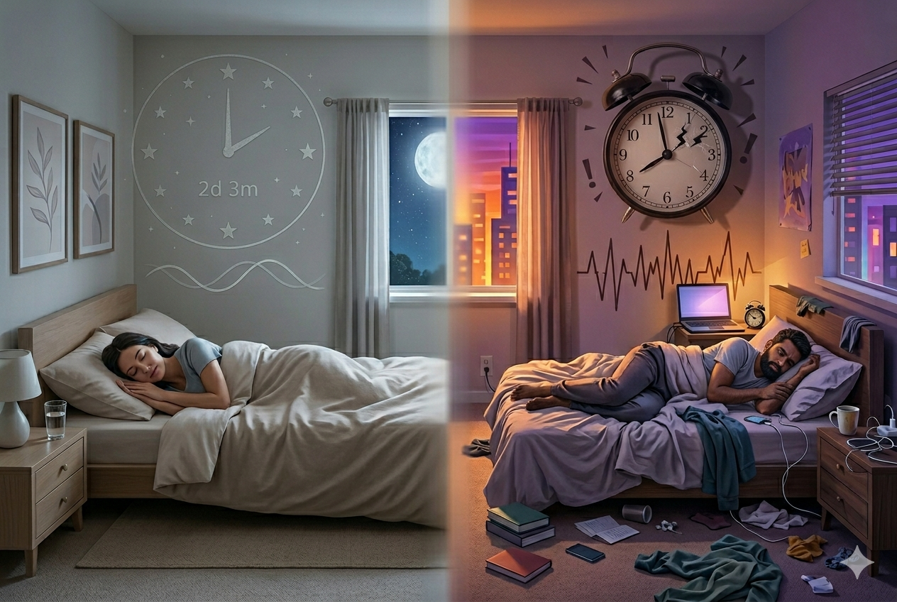 A split-screen photographic comparison contrasting a peaceful woman sleeping in a tidy, minimalist room with a restless South Asian man awake in a cluttered, chaotic bedroom, illustrating the difference between orderly and messy sleep schedules.
