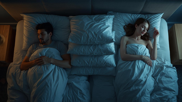 A couple in bed with a wall of pillows between them to block out loud snoring