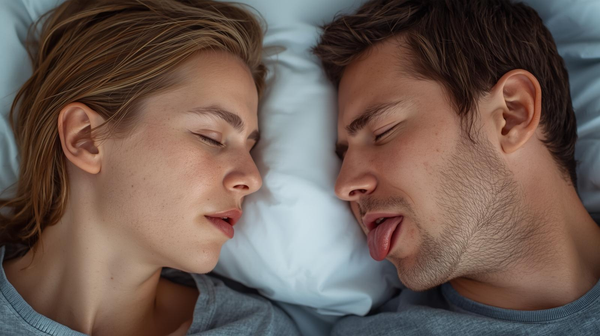 man snoring with tongue out, woman snoring through her nose.  Both facing each other while sleeping.