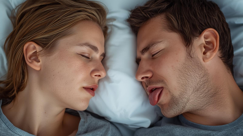 man snoring with tongue out, woman snoring through her nose.  Both facing each other while sleeping.