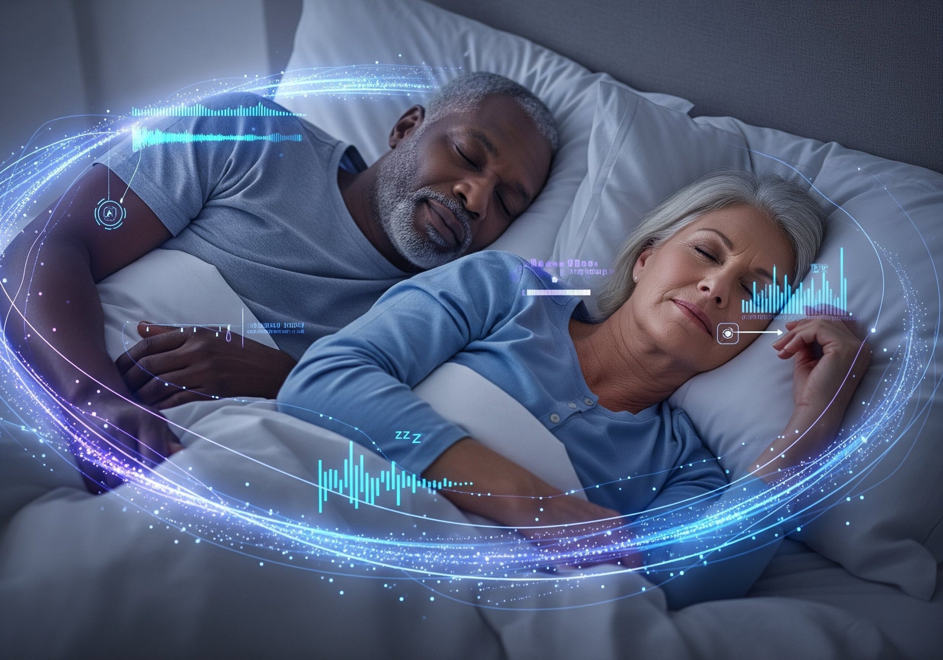 An older, multi-ethnic couple sleeps peacefully in bed, surrounded by glowing blue and purple futuristic data streams and digital sleep tracking visualizations, depicting AI-powered sleep analysis