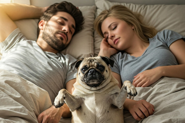 pug and people happy in bed