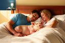 Wilber the pig sleeping in bed with young couple snoring