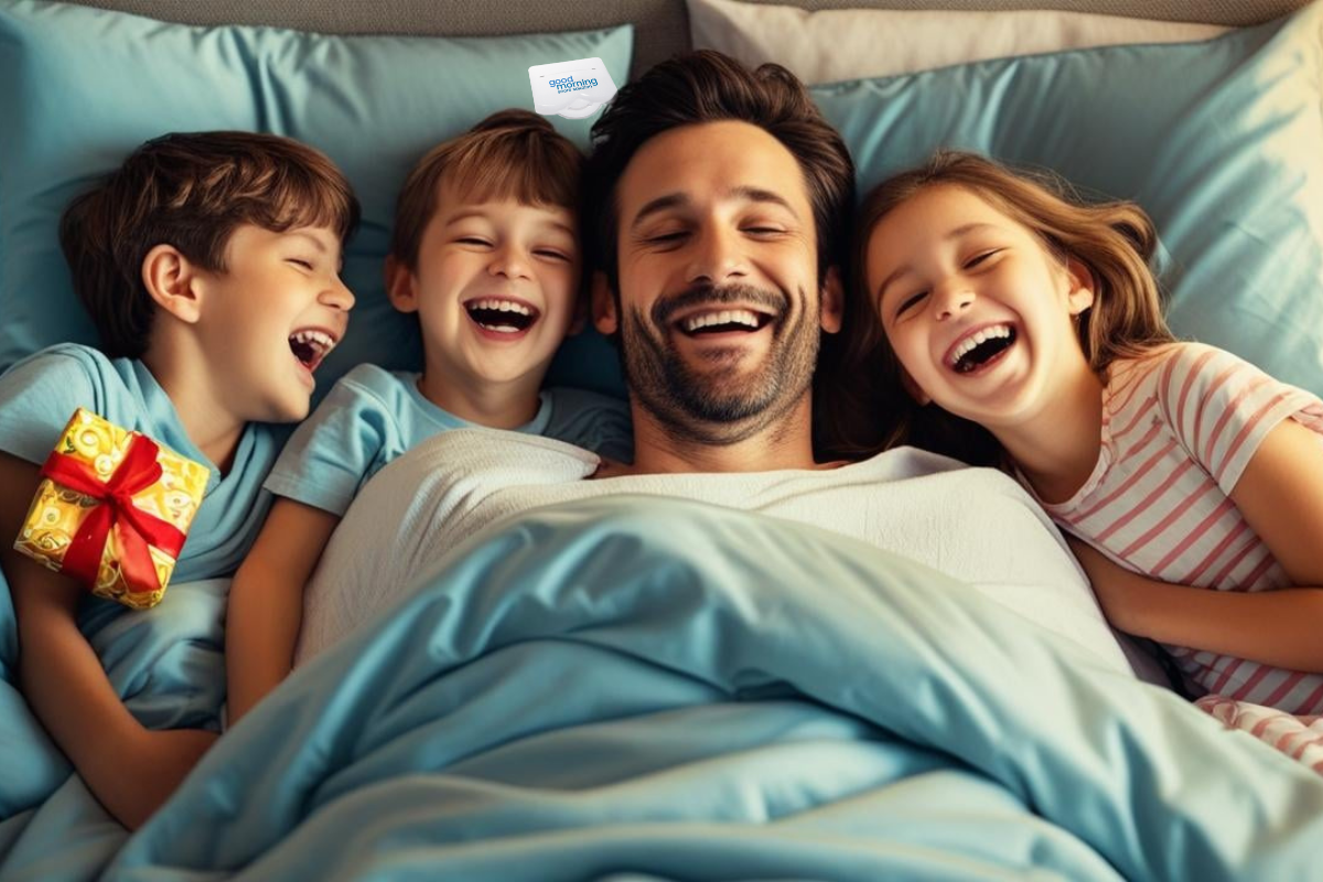 father laughing with kids 