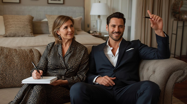 A classy older couple sitting together on a bedroom lounger, happily planning their health and sleep goals for the new year.