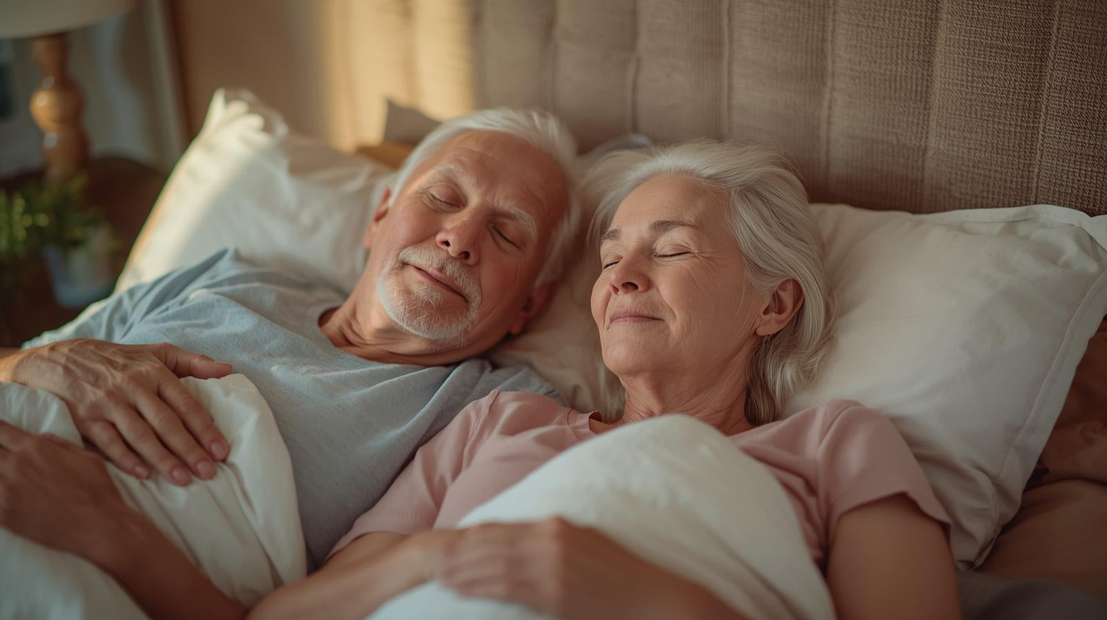 older man and woman resting peacefully in bed