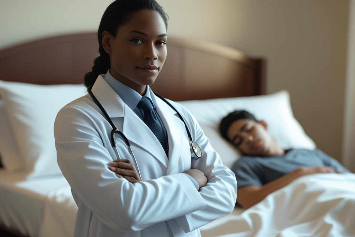 Confident African American male doctor standing with arms crossed, smiling, while a male patient sleeps peacefully in a bed behind him, conveying a sense of care and successful treatment