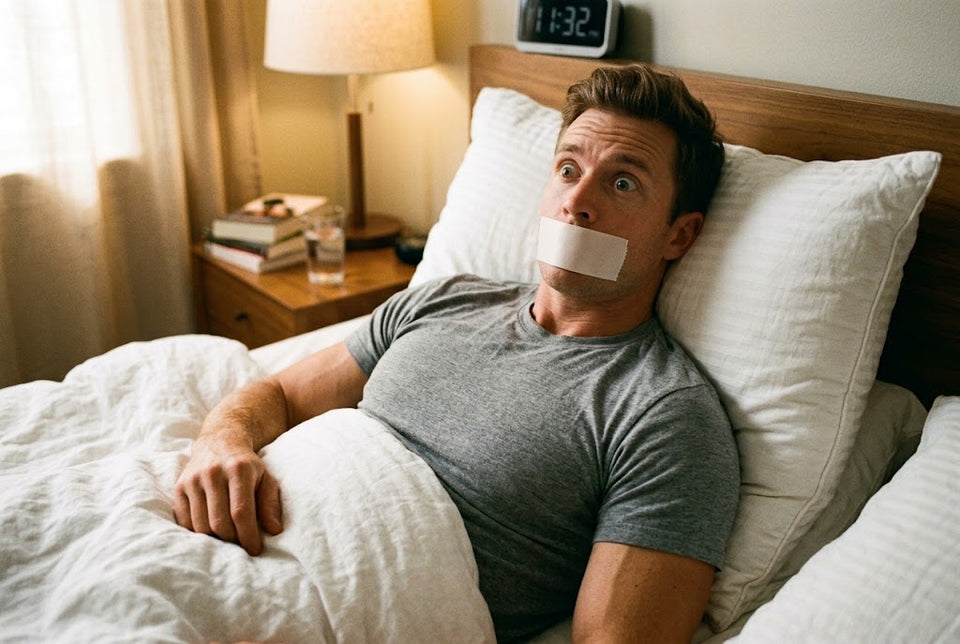 A man lying in bed with white tape covering his mouth and a surprised expression.