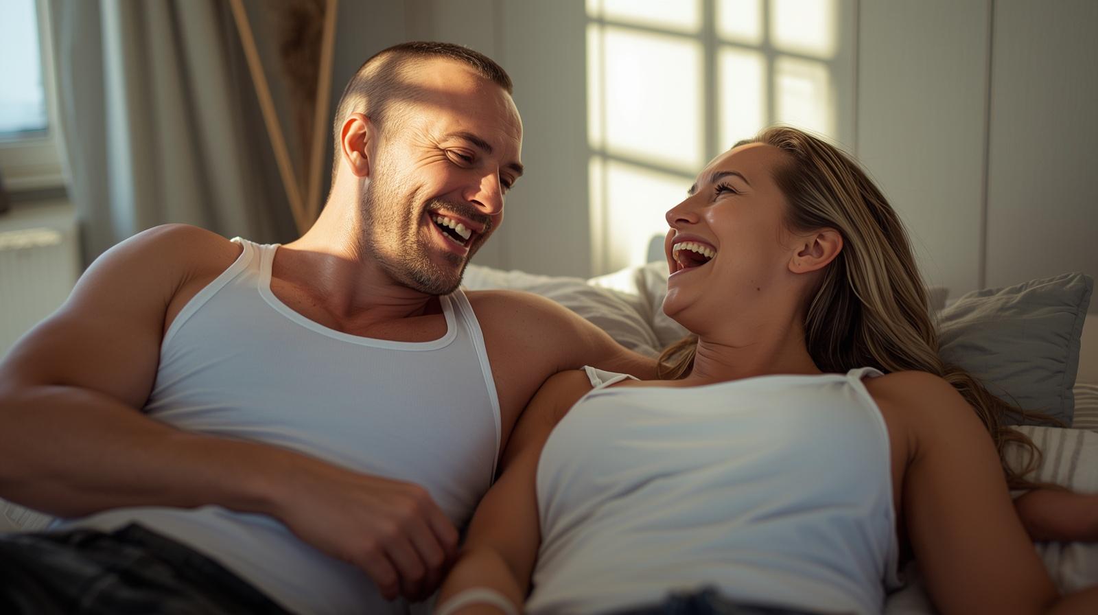 middle aged couple laughing in bed