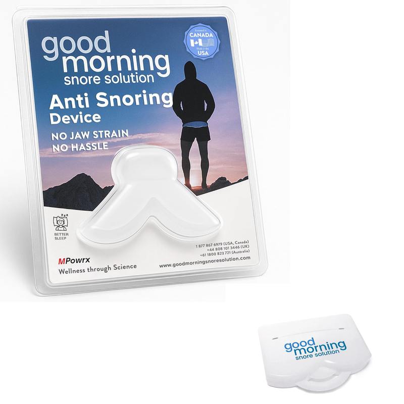 Anti-snoring device in clear plastic packaging. Logo of a man on a mountain at sunrise. 