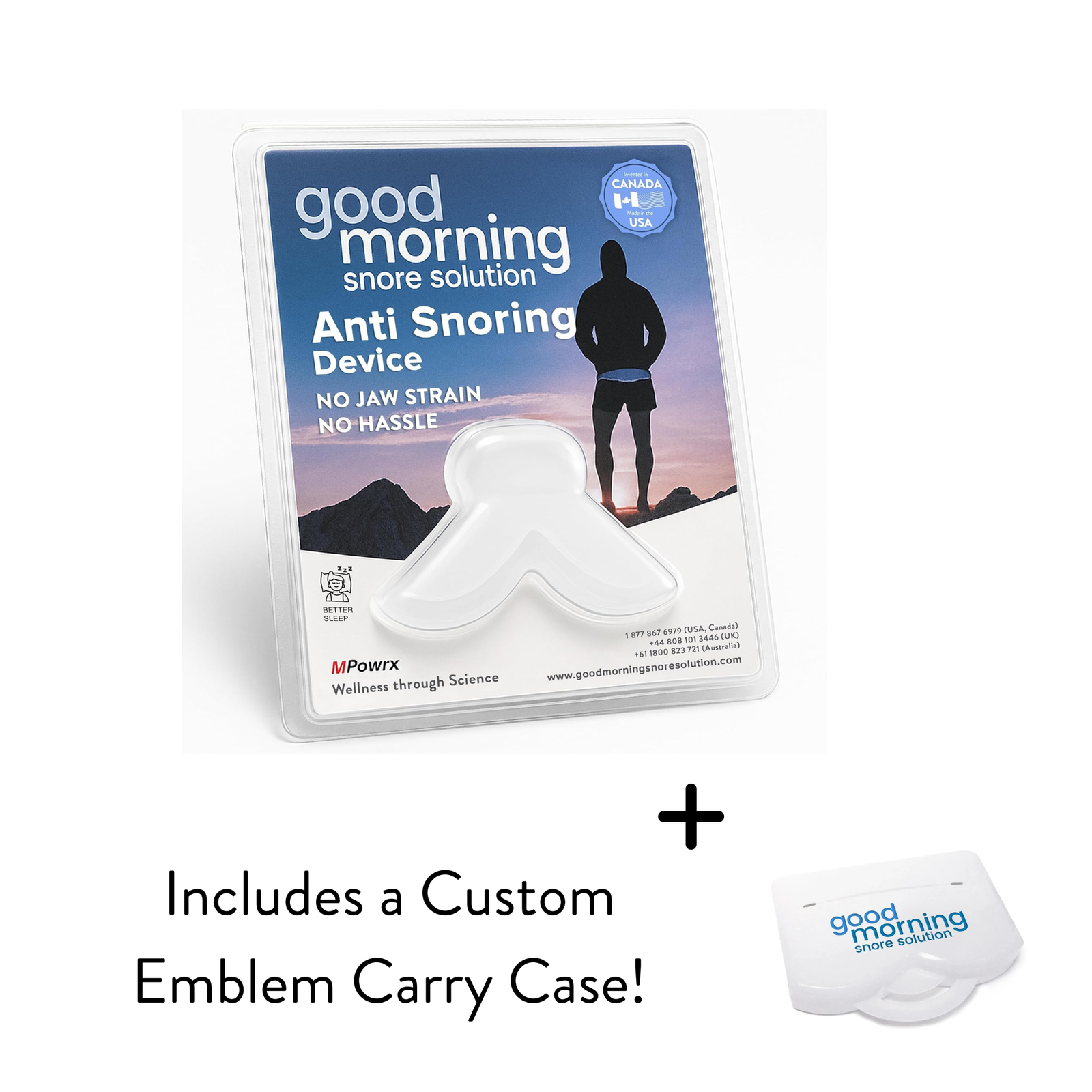 Anti-snoring device in clear plastic packaging. Logo of a man on a mountain at sunrise. 