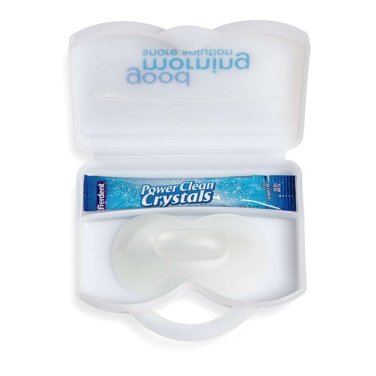 Good Morning Snore Solution Carry Case Opened Display Image with denture cleaner inside.