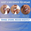 A tongue retention mouthpiece and its instructions for use are shown. It's a quick snoring solution.