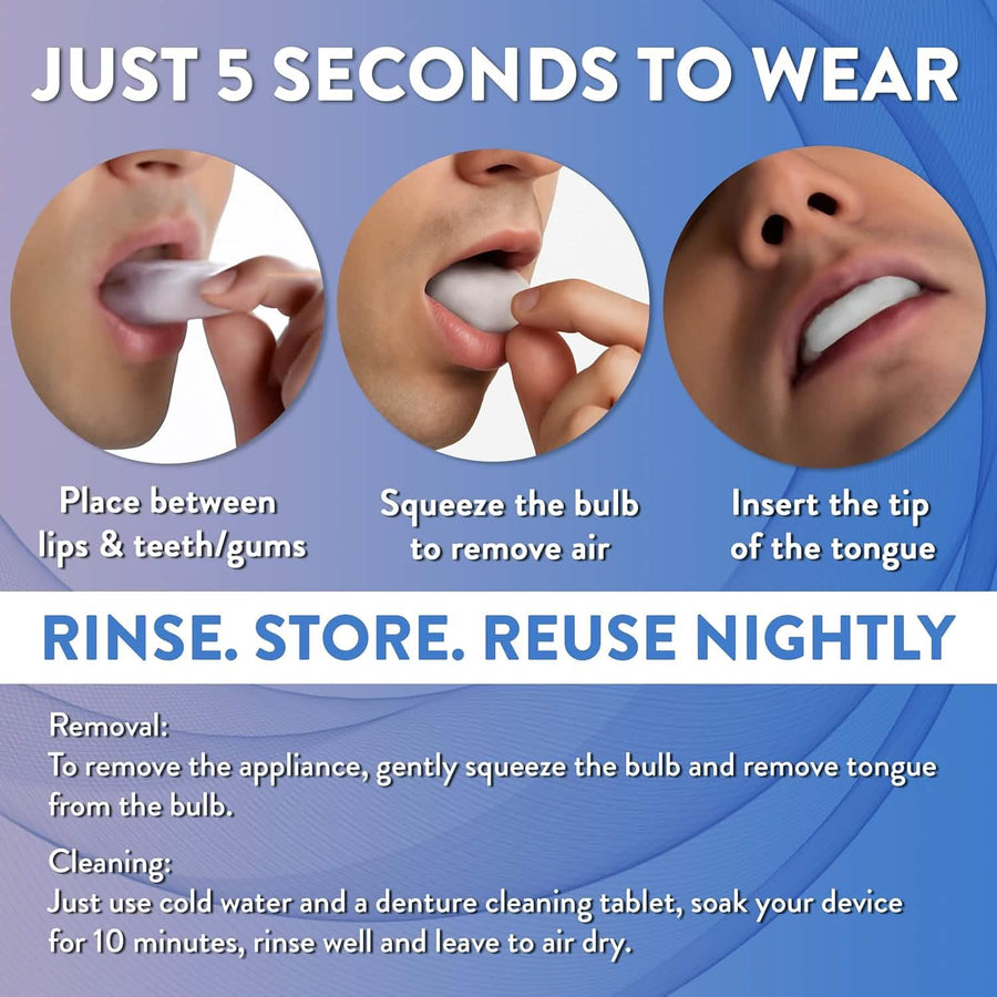 A tongue retention mouthpiece and its instructions for use are shown. It's a quick snoring solution.
