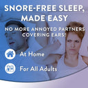 Wife covers her ears from her snoring husband. Text promises a snoring solution for all adults.