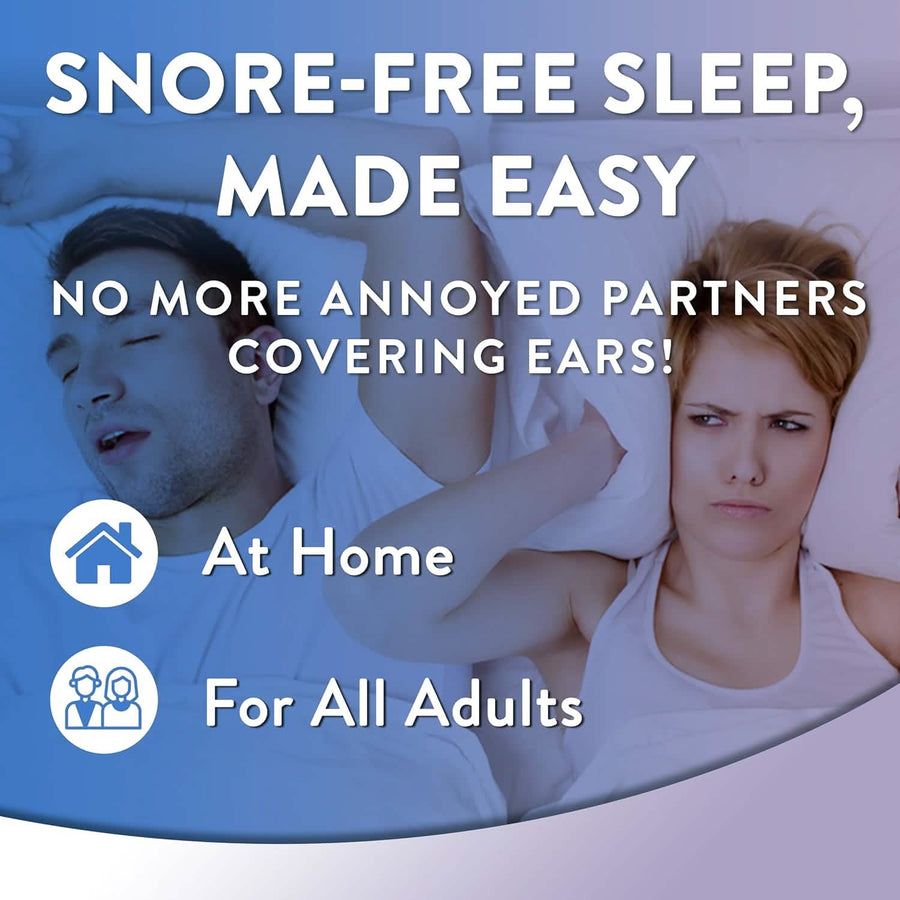 Wife covers her ears from her snoring husband. Text promises a snoring solution for all adults.