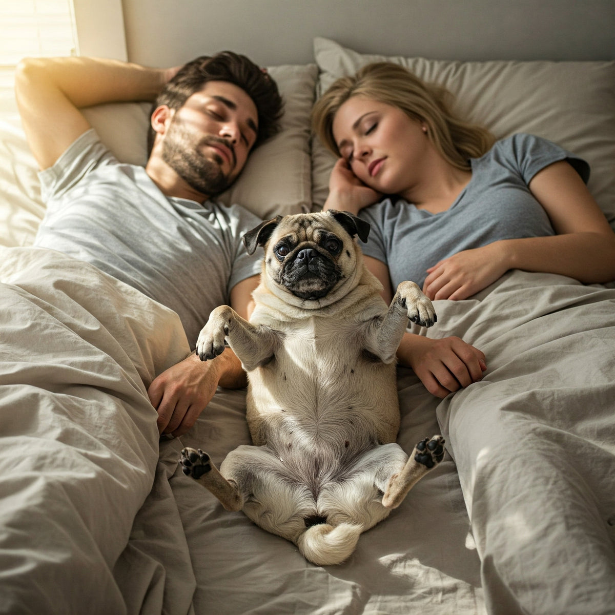 couple in bed sleeping with pug in center