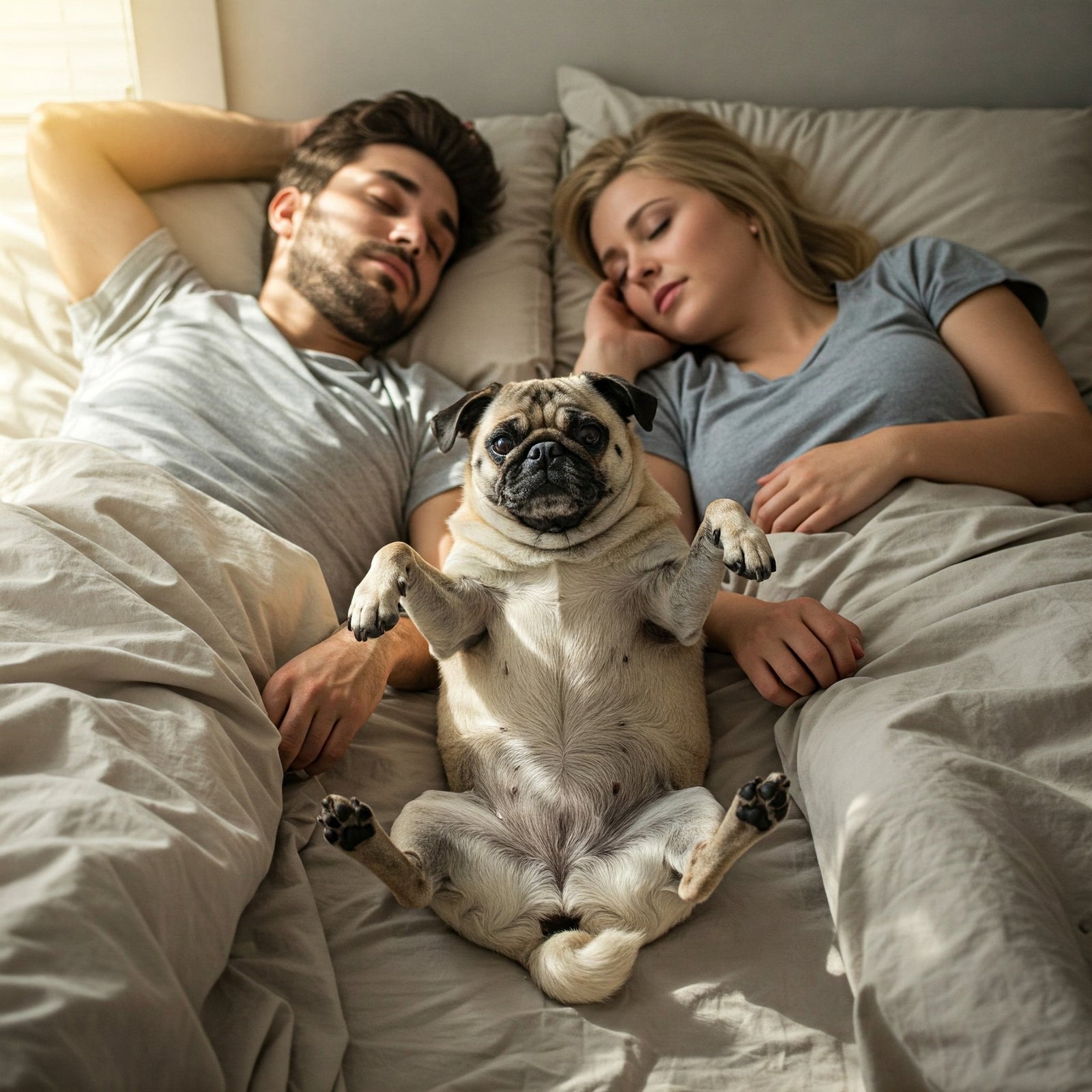couple in bed sleeping with pug in center